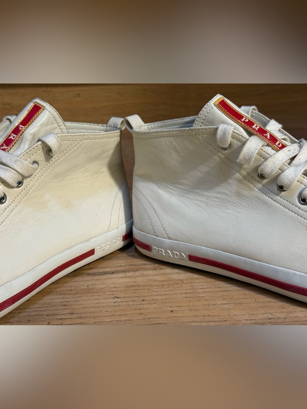 Prada Men’s Linea Rossa Red Tab Leather Mid-top Sneakers (Off-white, 10US) - Picture 15 of 15